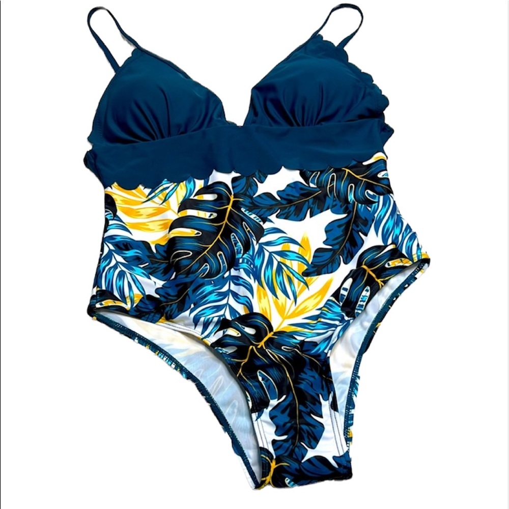 PatPat All Over Plants Print Blue One Piece Women’s Swimwear Size Small …
